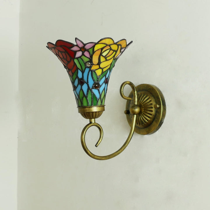 Traditionelle Tiffany Flower Pod Runde Glas Eisen 1-Licht Wandleuchte Lampe für Wohnzimmer 