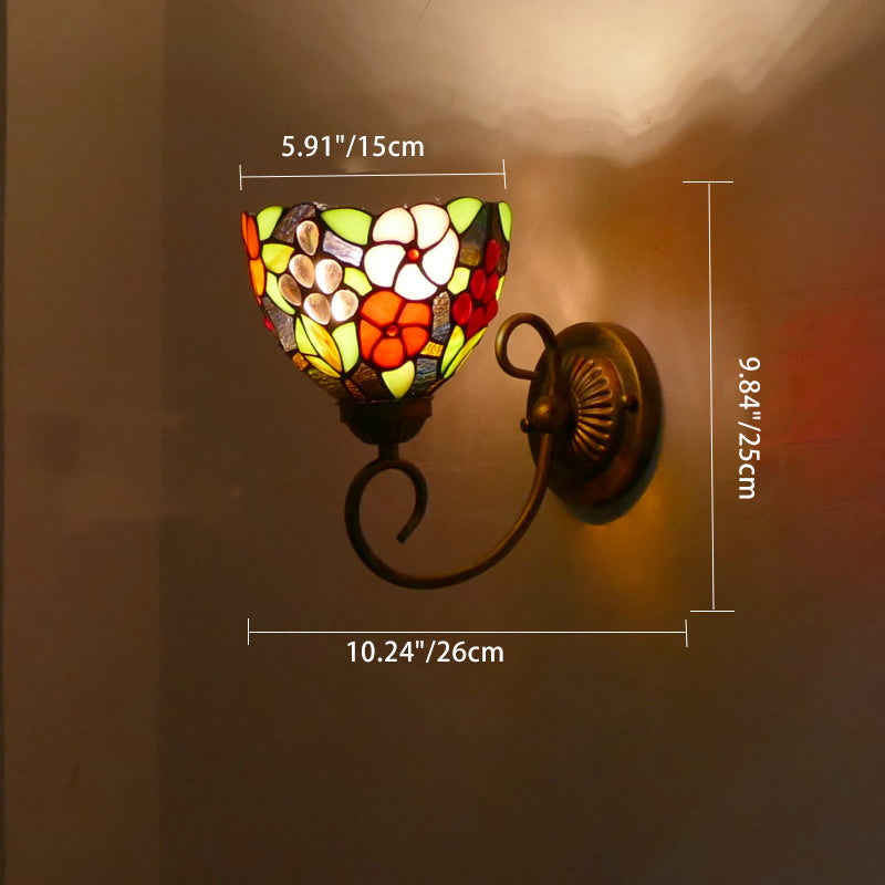 Traditionelle Tiffany Flower Pod Runde Glas Eisen 1-Licht Wandleuchte Lampe für Wohnzimmer 