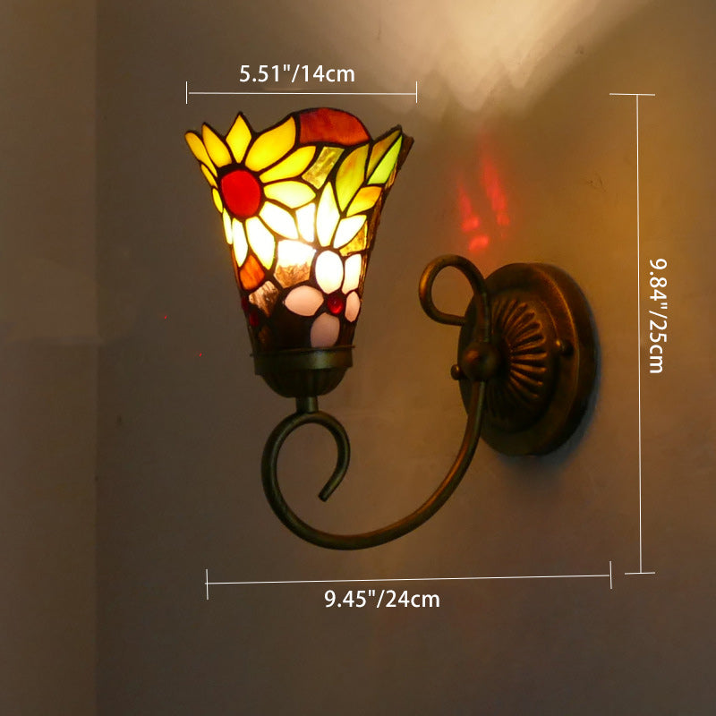 Traditionelle Tiffany Flower Pod Runde Glas Eisen 1-Licht Wandleuchte Lampe für Wohnzimmer 