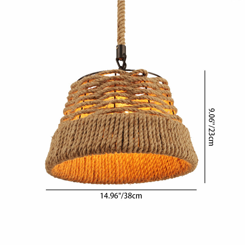 Traditionelle Vintage runde Blumenkorb Sisal Eisen 1-Licht Pendelleuchte für Wohnzimmer 