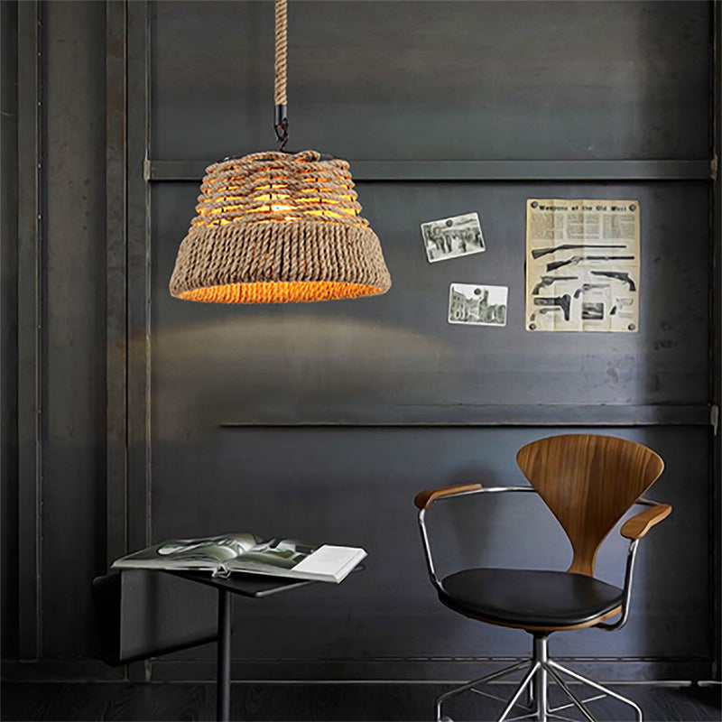 Traditionelle Vintage runde Blumenkorb Sisal Eisen 1-Licht Pendelleuchte für Wohnzimmer 