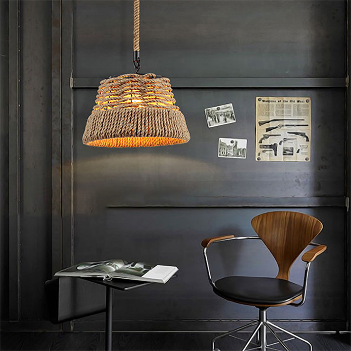 Traditionelle Vintage runde Blumenkorb Sisal Eisen 1-Licht Pendelleuchte für Wohnzimmer 