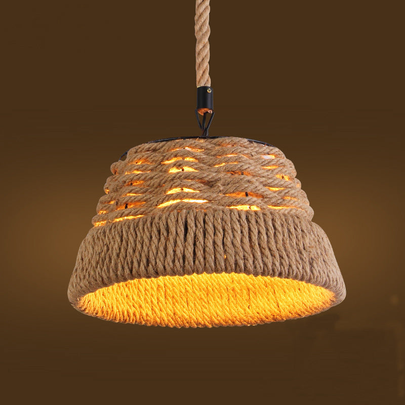 Traditionelle Vintage runde Blumenkorb Sisal Eisen 1-Licht Pendelleuchte für Wohnzimmer 