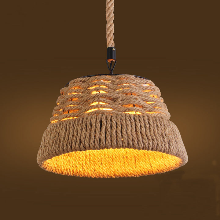 Traditionelle Vintage runde Blumenkorb Sisal Eisen 1-Licht Pendelleuchte für Wohnzimmer 