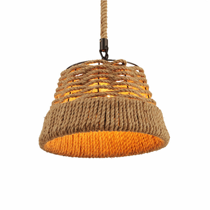 Traditionelle Vintage runde Blumenkorb Sisal Eisen 1-Licht Pendelleuchte für Wohnzimmer 