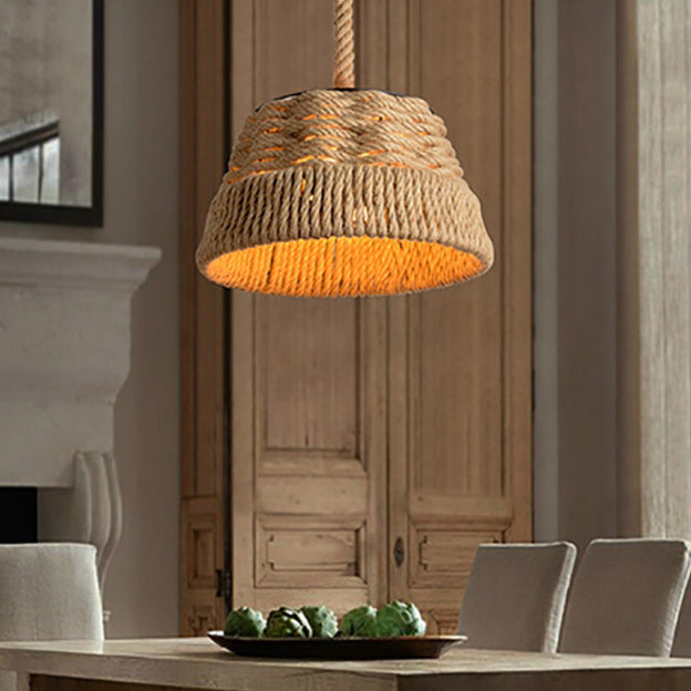 Traditionelle Vintage runde Blumenkorb Sisal Eisen 1-Licht Pendelleuchte für Wohnzimmer 