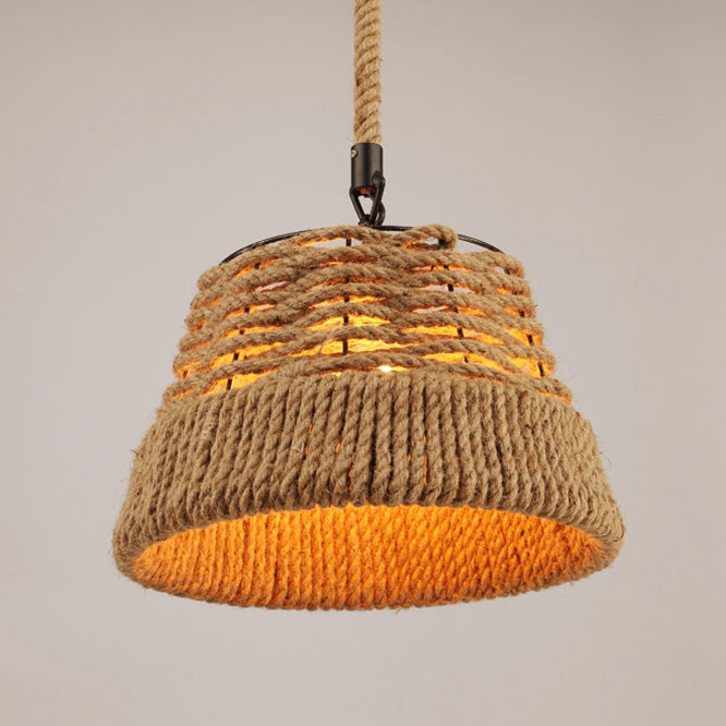 Traditionelle Vintage runde Blumenkorb Sisal Eisen 1-Licht Pendelleuchte für Wohnzimmer 
