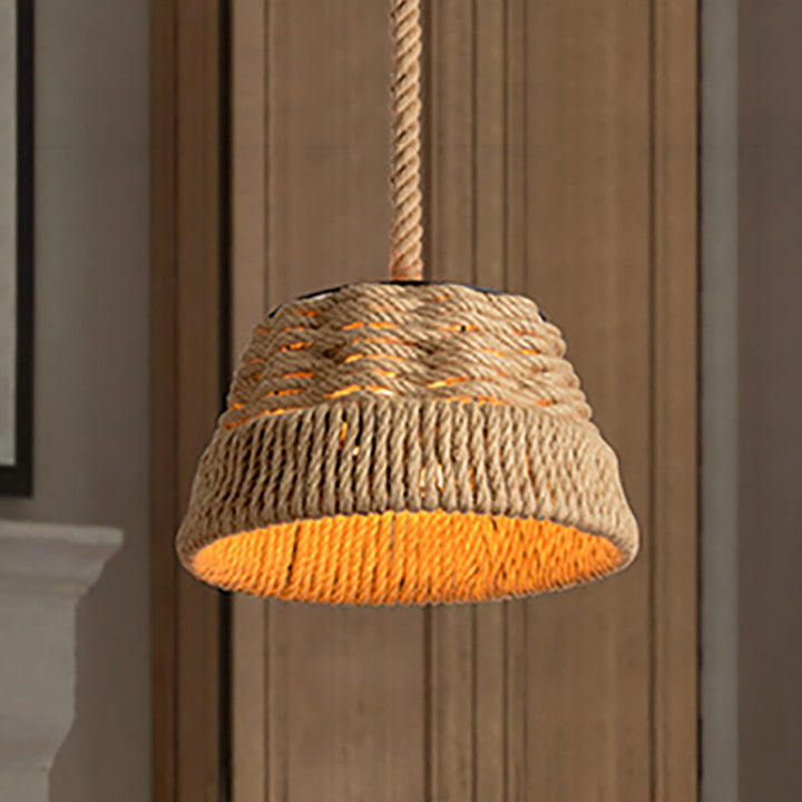Traditionelle Vintage runde Blumenkorb Sisal Eisen 1-Licht Pendelleuchte für Wohnzimmer 