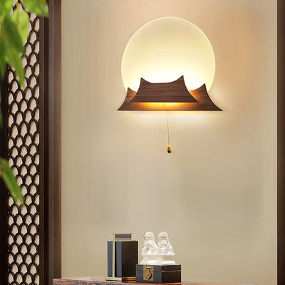 Traditionelle chinesische unregelmäßige stapelbare runde Acryl-Massivholz-LED-Wandleuchte für Wohnzimmer 