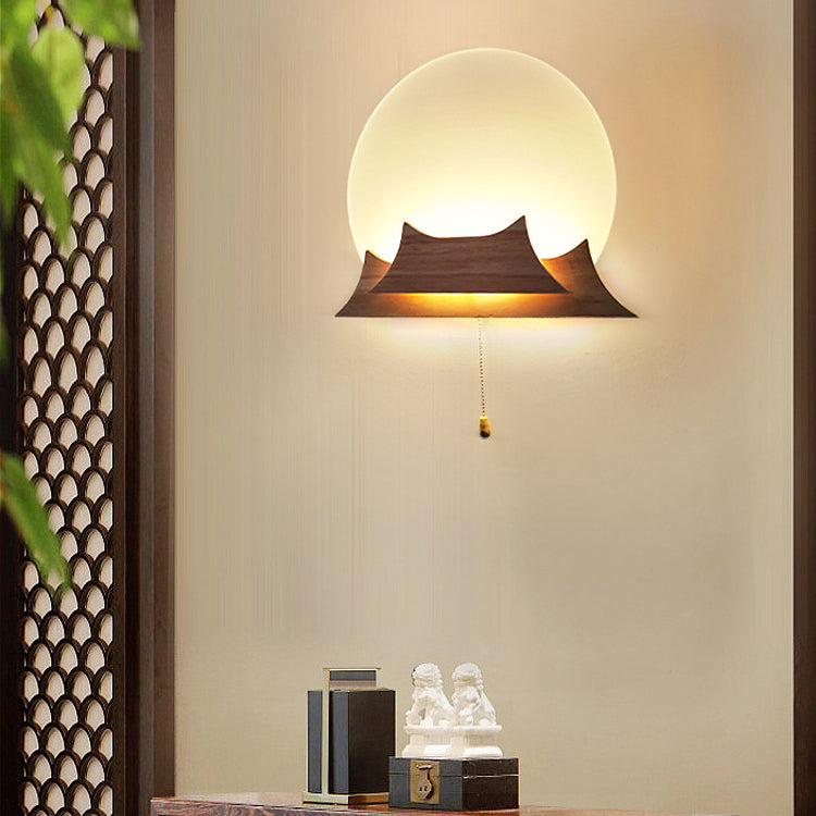 Traditionelle chinesische unregelmäßige stapelbare runde Acryl-Massivholz-LED-Wandleuchte für Wohnzimmer 