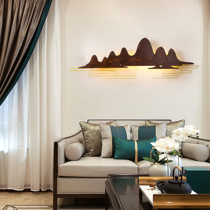 Applique murale LED en bois massif et fer avec ligne de montagne chinoise traditionnelle pour salon 