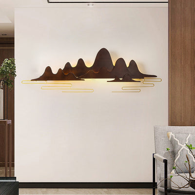 Traditionelle chinesische Berglinie mäandernde Massivholz Eisen LED Wandleuchte Lampe für Wohnzimmer 
