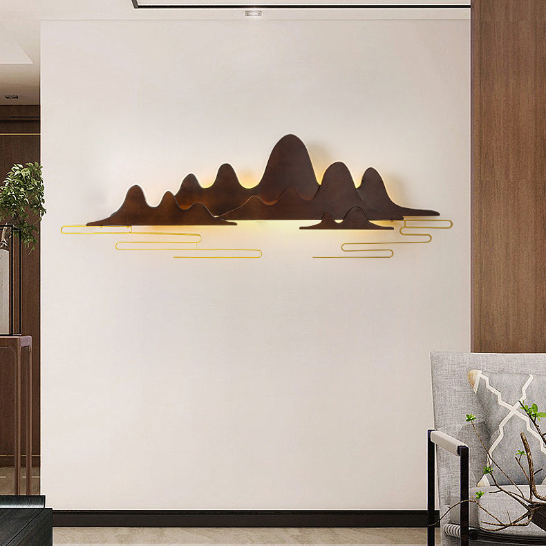 Traditionelle chinesische Berglinie mäandernde Massivholz Eisen LED Wandleuchte Lampe für Wohnzimmer 