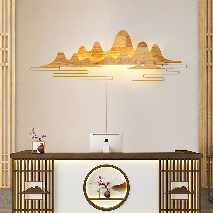 Applique murale LED en bois massif et fer avec ligne de montagne chinoise traditionnelle pour salon 