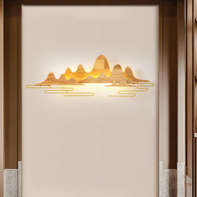 Traditionelle chinesische Berglinie mäandernde Massivholz Eisen LED Wandleuchte Lampe für Wohnzimmer 