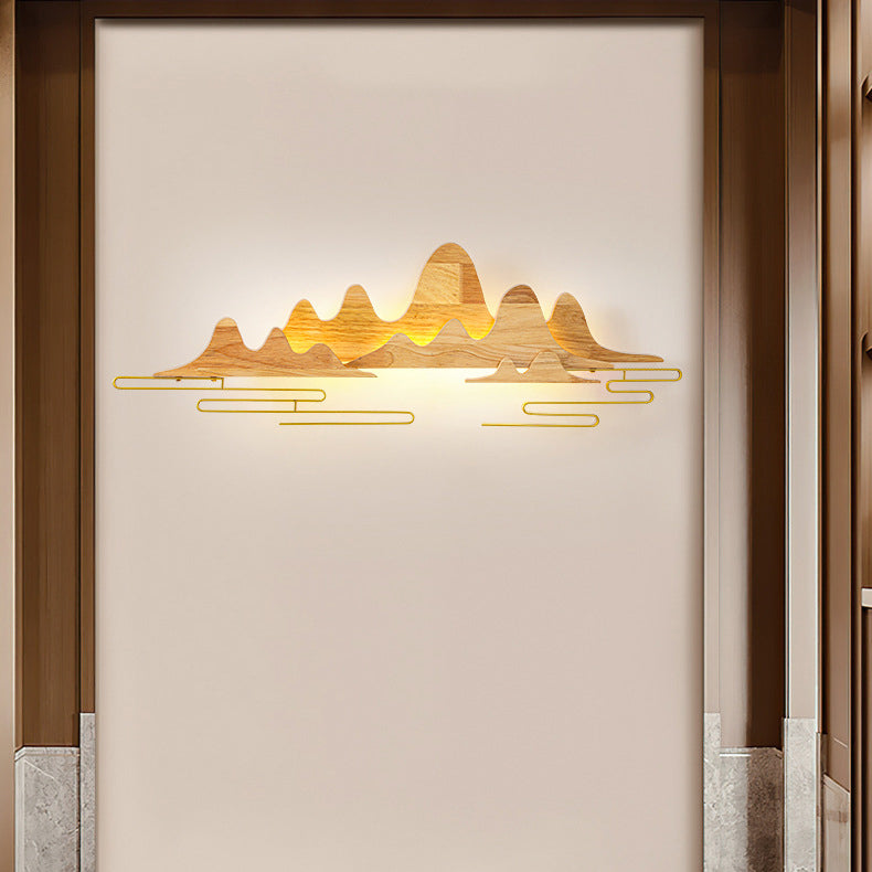Traditionelle chinesische Berglinie mäandernde Massivholz Eisen LED Wandleuchte Lampe für Wohnzimmer 