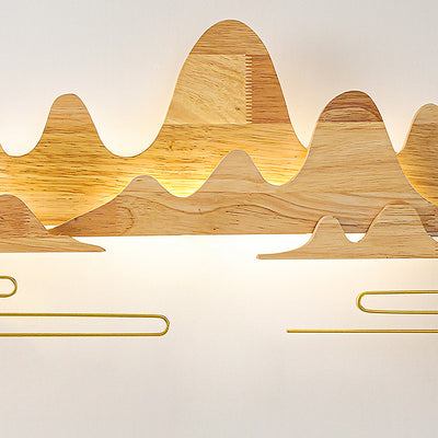 Traditionelle chinesische Berglinie mäandernde Massivholz Eisen LED Wandleuchte Lampe für Wohnzimmer 