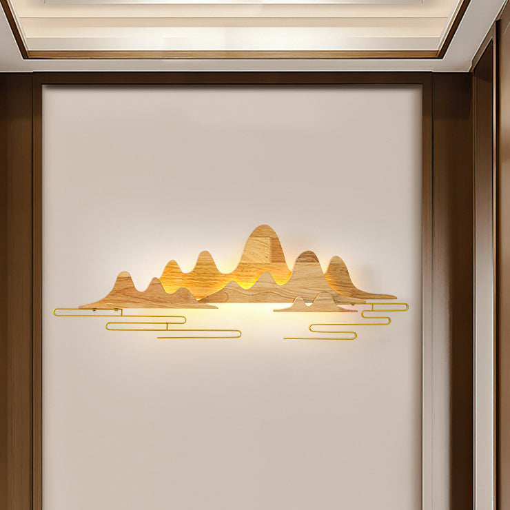 Traditionelle chinesische Berglinie mäandernde Massivholz Eisen LED Wandleuchte Lampe für Wohnzimmer 