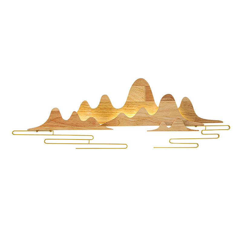 Traditionelle chinesische Berglinie mäandernde Massivholz Eisen LED Wandleuchte Lampe für Wohnzimmer 