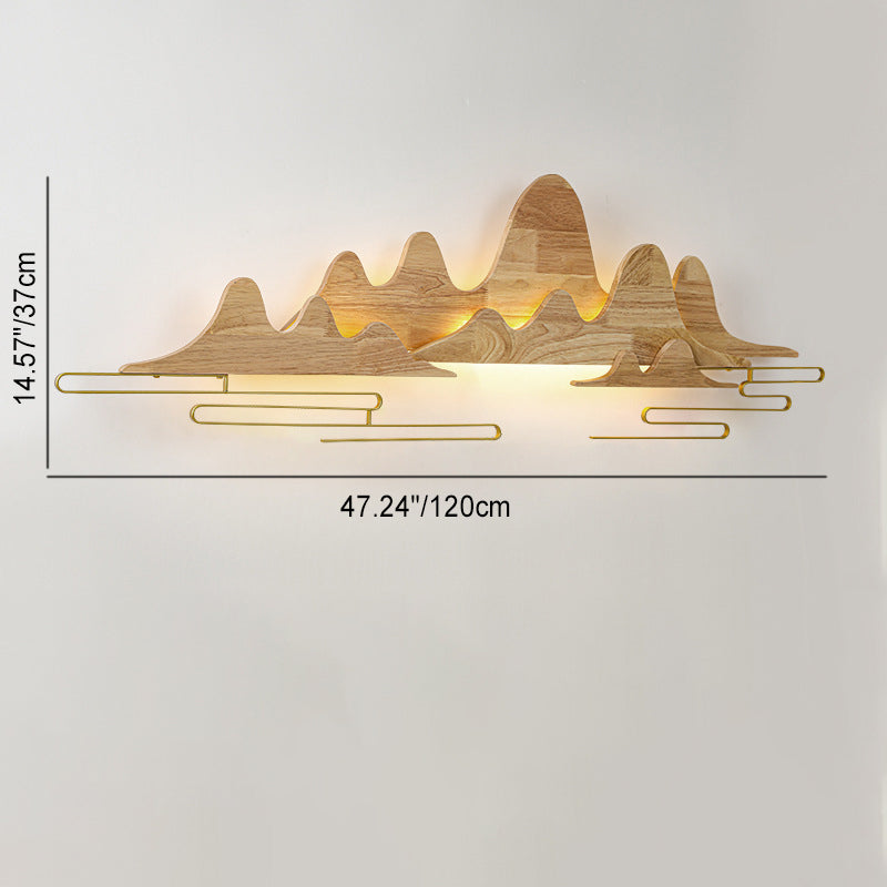 Traditionelle chinesische Berglinie mäandernde Massivholz Eisen LED Wandleuchte Lampe für Wohnzimmer 