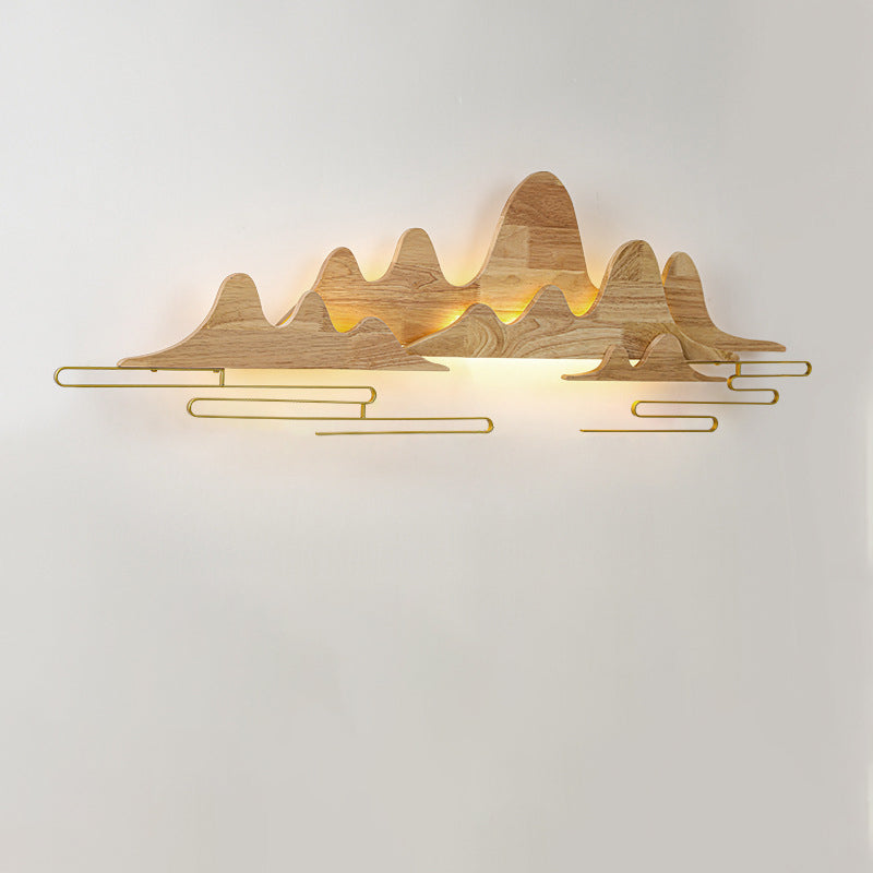Traditionelle chinesische Berglinie mäandernde Massivholz Eisen LED Wandleuchte Lampe für Wohnzimmer 