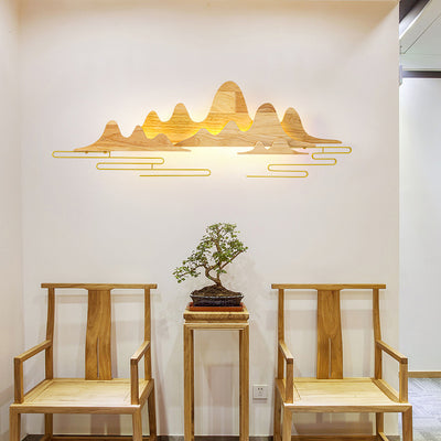 Traditionelle chinesische Berglinie mäandernde Massivholz Eisen LED Wandleuchte Lampe für Wohnzimmer 