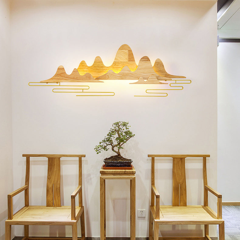 Traditionelle chinesische Berglinie mäandernde Massivholz Eisen LED Wandleuchte Lampe für Wohnzimmer 