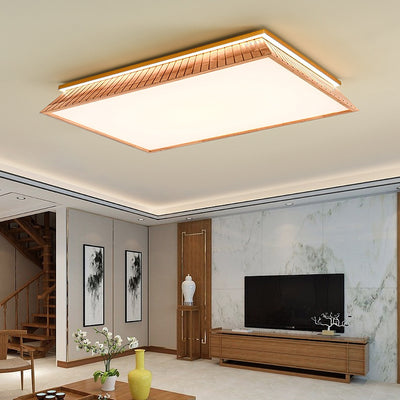 Traditionelle chinesische Dach-Quadrat-Acryl-Massivholz-Hardware-LED-Unterputz-Deckenleuchte für Schlafzimmer 