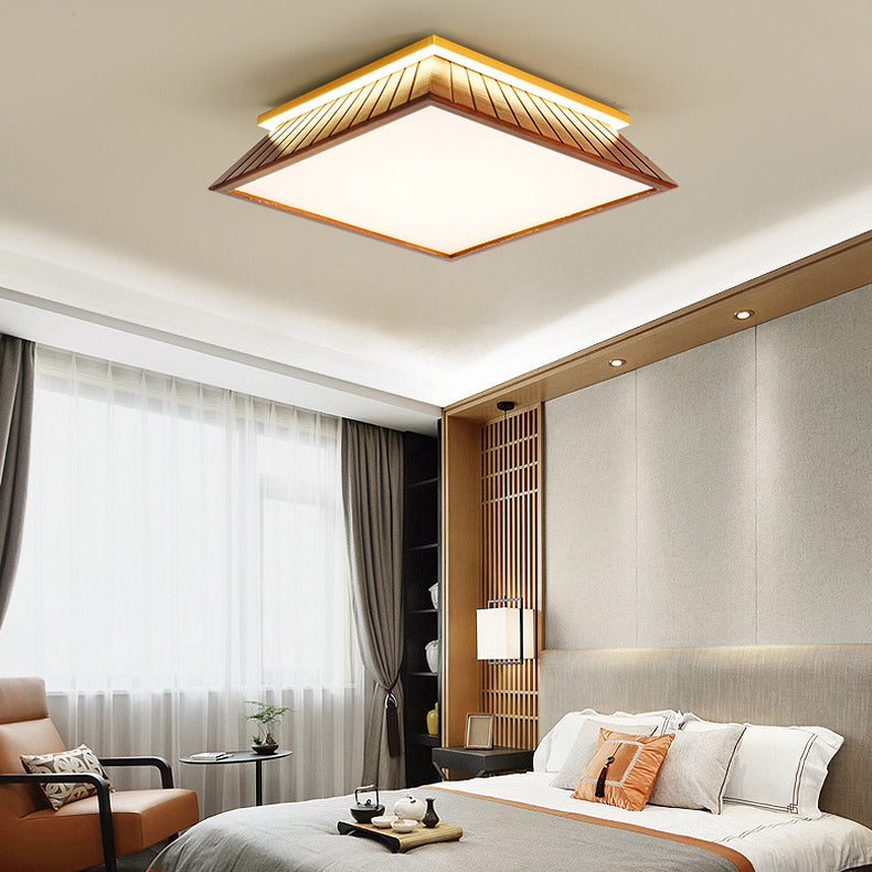 Traditionelle chinesische Dach-Quadrat-Acryl-Massivholz-Hardware-LED-Unterputz-Deckenleuchte für Schlafzimmer 