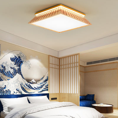 Traditionelle chinesische Dach-Quadrat-Acryl-Massivholz-Hardware-LED-Unterputz-Deckenleuchte für Schlafzimmer 