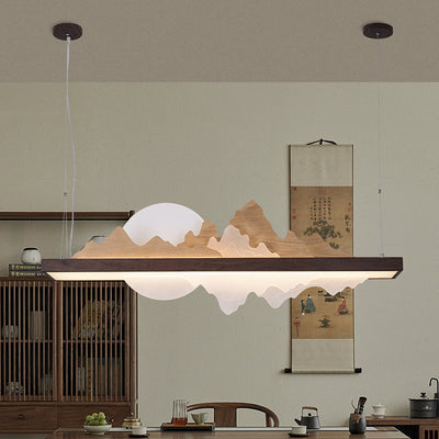 Traditionelle Chinesische Runde Berg Acryl Holz Panel Eisen LED Kronleuchter Für Wohnzimmer 