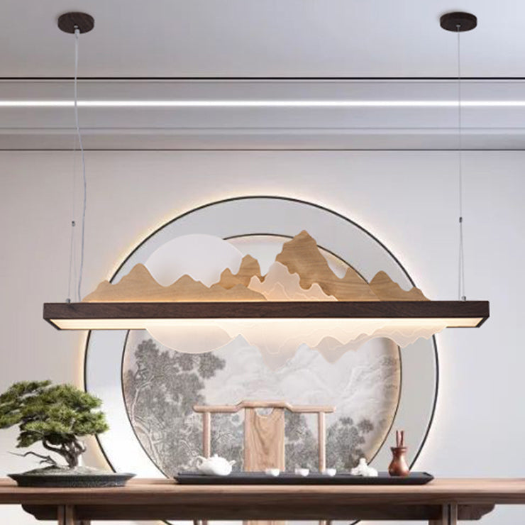 Traditionelle Chinesische Runde Berg Acryl Holz Panel Eisen LED Kronleuchter Für Wohnzimmer 