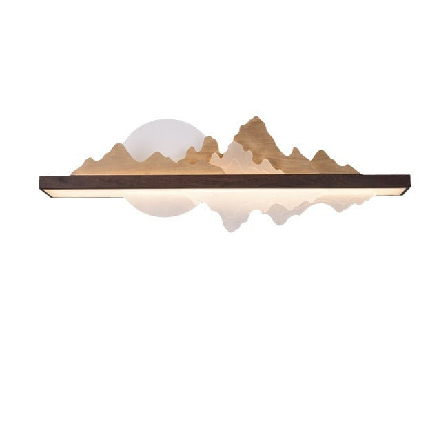 Traditionelle Chinesische Runde Berg Acryl Holz Panel Eisen LED Kronleuchter Für Wohnzimmer 