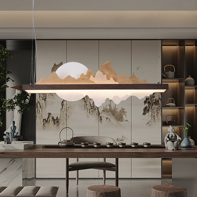 Traditionelle Chinesische Runde Berg Acryl Holz Panel Eisen LED Kronleuchter Für Wohnzimmer 