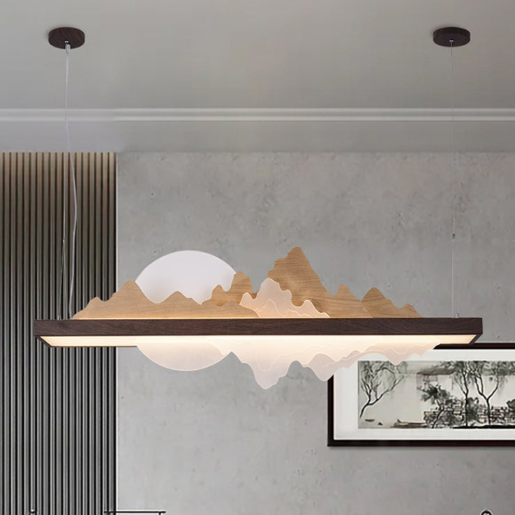 Traditionelle Chinesische Runde Berg Acryl Holz Panel Eisen LED Kronleuchter Für Wohnzimmer 