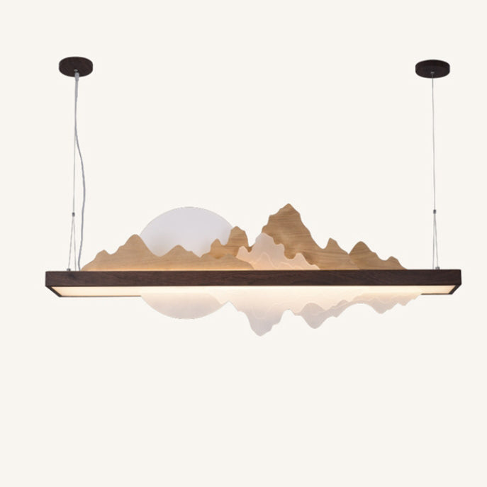Traditionelle Chinesische Runde Berg Acryl Holz Panel Eisen LED Kronleuchter Für Wohnzimmer 