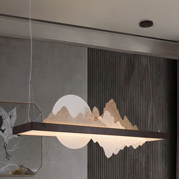 Traditionelle Chinesische Runde Berg Acryl Holz Panel Eisen LED Kronleuchter Für Wohnzimmer 