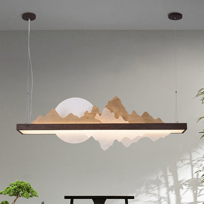 Traditionelle Chinesische Runde Berg Acryl Holz Panel Eisen LED Kronleuchter Für Wohnzimmer 