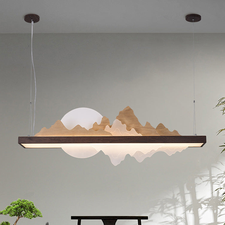 Traditionelle Chinesische Runde Berg Acryl Holz Panel Eisen LED Kronleuchter Für Wohnzimmer 
