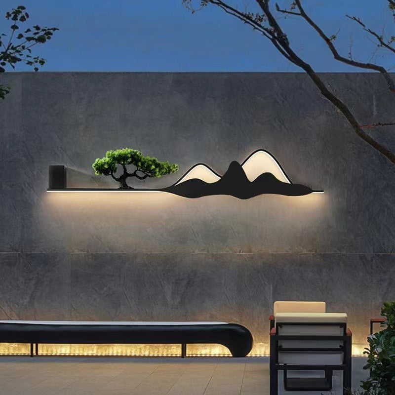 مصباح حائط LED من الألومنيوم والسيليكون والأكريليك بتصميم شجرة جبلية تقليدية صينية للاستخدام الخارجي في الفناء 