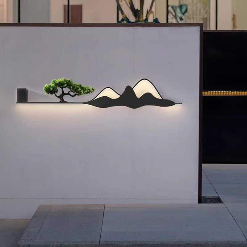 مصباح حائط LED من الألومنيوم والسيليكون والأكريليك بتصميم شجرة جبلية تقليدية صينية للاستخدام الخارجي في الفناء 