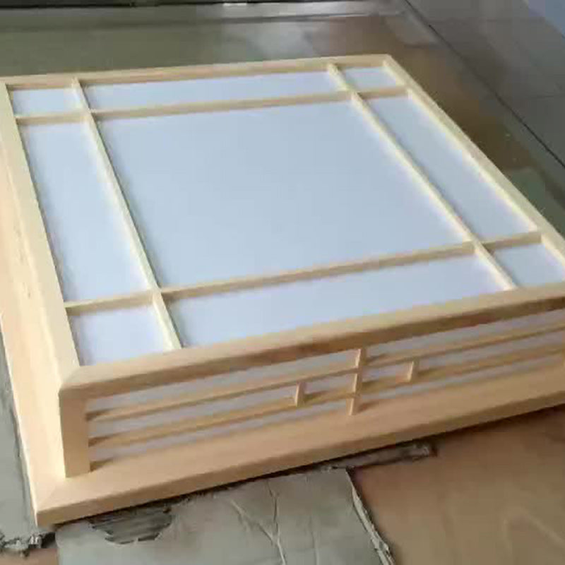 Traditionelle flächenbündige LED-Deckenleuchte aus Kiefernholz mit quadratischem Gitter und Pergament im japanischen Stil für das Wohnzimmer 