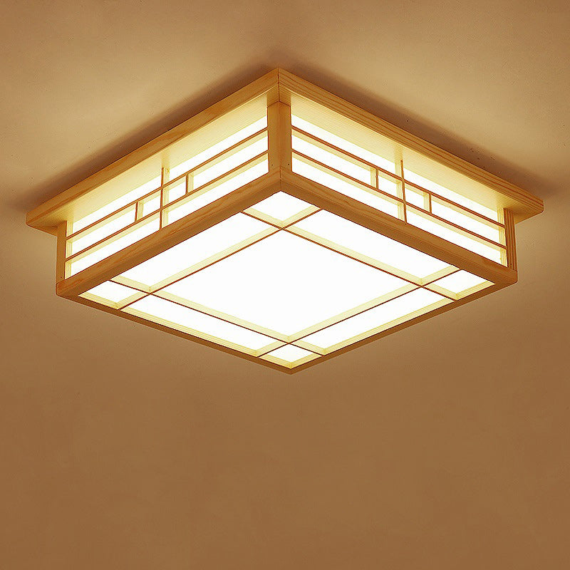 Traditionelle flächenbündige LED-Deckenleuchte aus Kiefernholz mit quadratischem Gitter und Pergament im japanischen Stil für das Wohnzimmer 