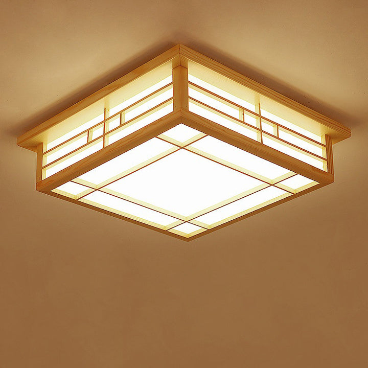 Traditionelle flächenbündige LED-Deckenleuchte aus Kiefernholz mit quadratischem Gitter und Pergament im japanischen Stil für das Wohnzimmer 