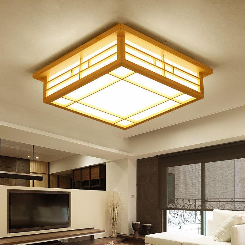 Traditionelle flächenbündige LED-Deckenleuchte aus Kiefernholz mit quadratischem Gitter und Pergament im japanischen Stil für das Wohnzimmer 
