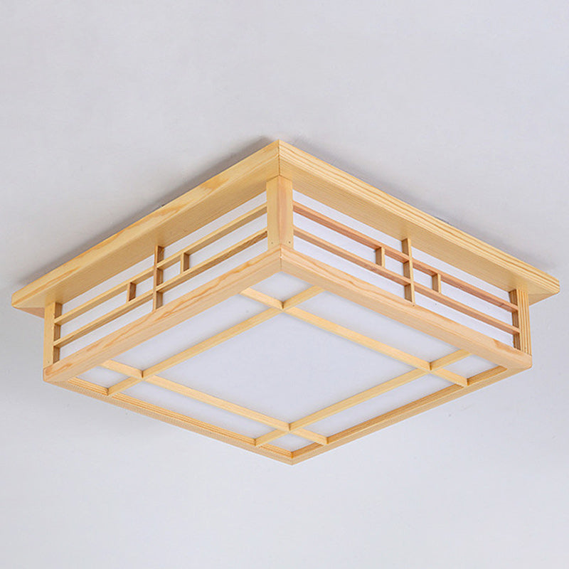 Traditionelle flächenbündige LED-Deckenleuchte aus Kiefernholz mit quadratischem Gitter und Pergament im japanischen Stil für das Wohnzimmer 