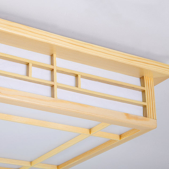 Traditionelle flächenbündige LED-Deckenleuchte aus Kiefernholz mit quadratischem Gitter und Pergament im japanischen Stil für das Wohnzimmer 