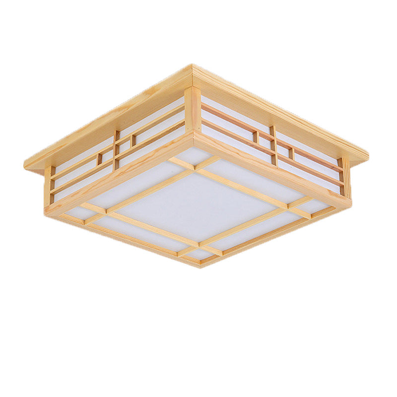 Traditionelle flächenbündige LED-Deckenleuchte aus Kiefernholz mit quadratischem Gitter und Pergament im japanischen Stil für das Wohnzimmer 