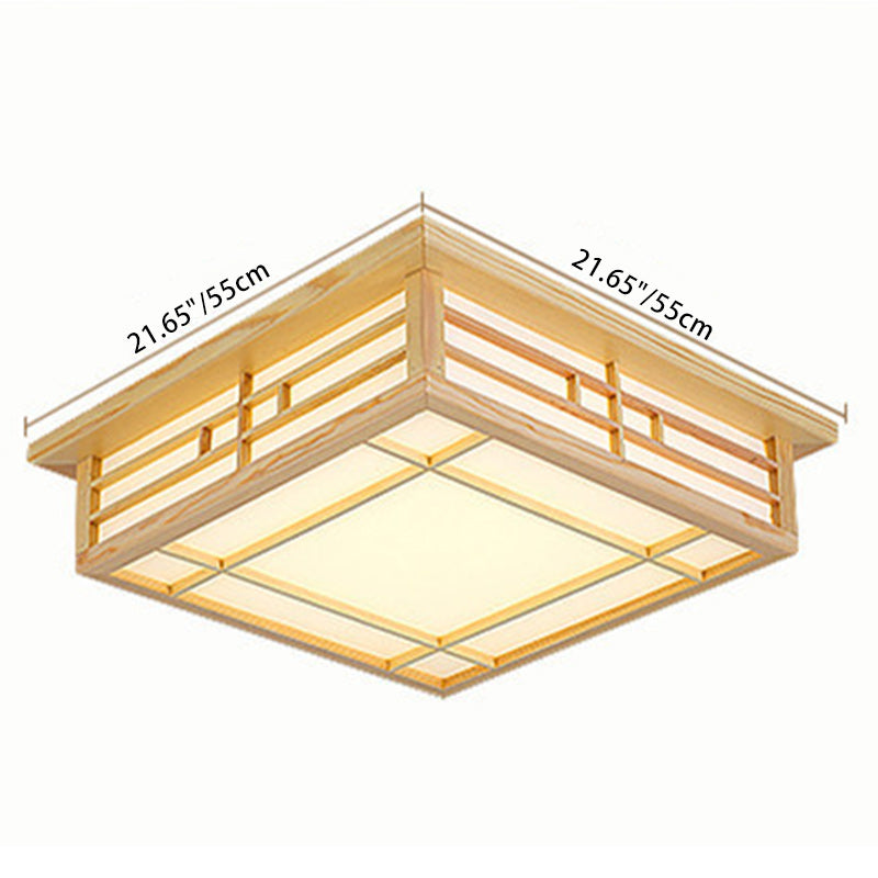 Traditionelle flächenbündige LED-Deckenleuchte aus Kiefernholz mit quadratischem Gitter und Pergament im japanischen Stil für das Wohnzimmer 