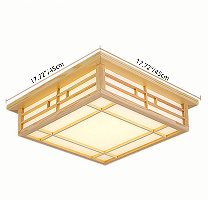 Traditionelle flächenbündige LED-Deckenleuchte aus Kiefernholz mit quadratischem Gitter und Pergament im japanischen Stil für das Wohnzimmer 